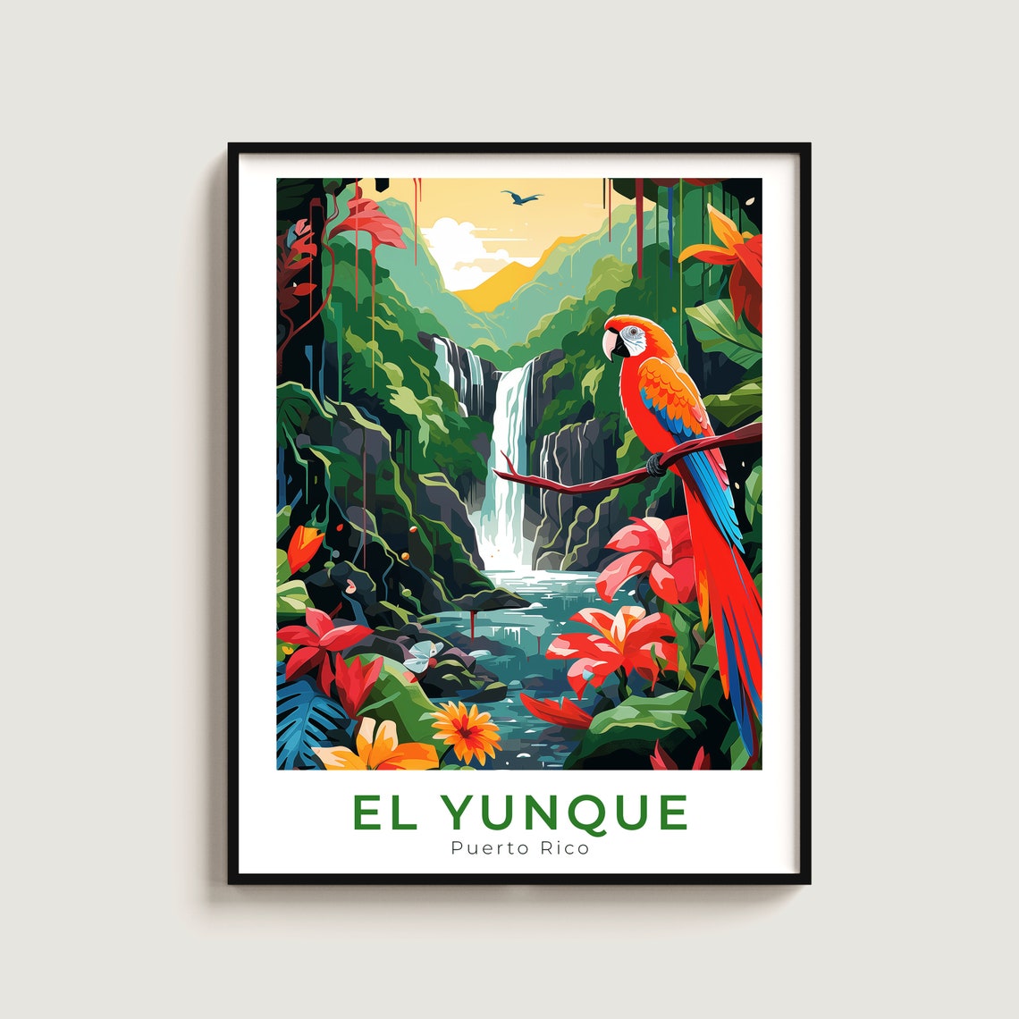 El Yunque Puerto Rico Scarlet Macaw Waterfall Rainforest Poster