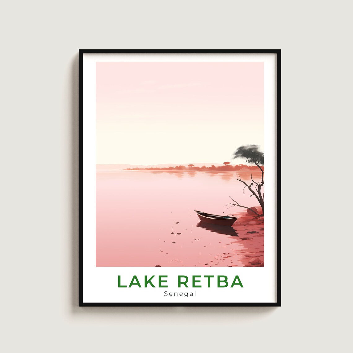 Lake Retba Senegal Pink Lake Wooden Canoe Minimalist Travel Poster