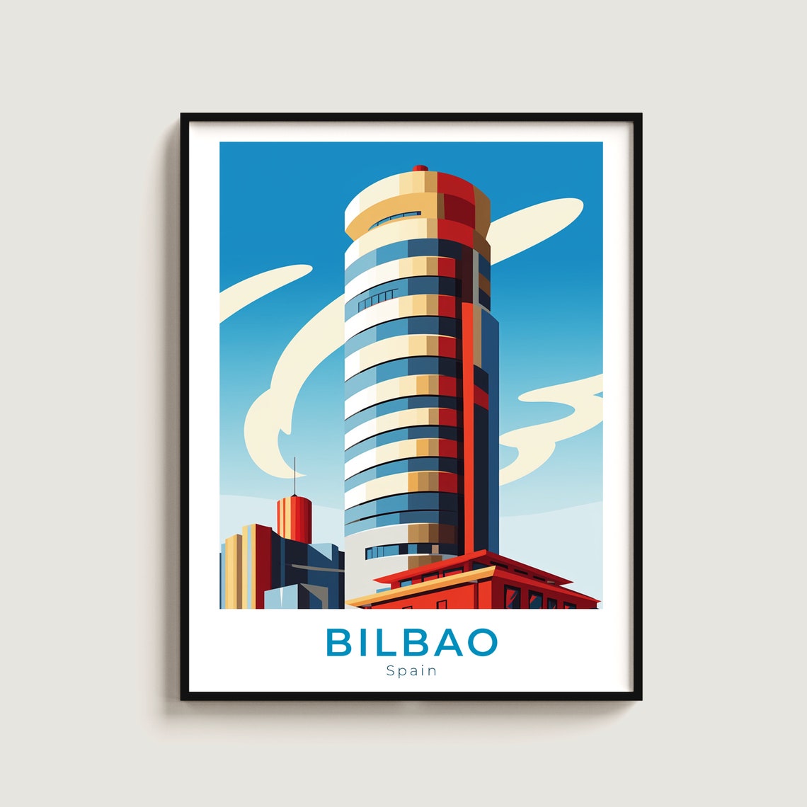 Bilbao Spain Modern Striped Skyscraper Blue Sky Travel Poster