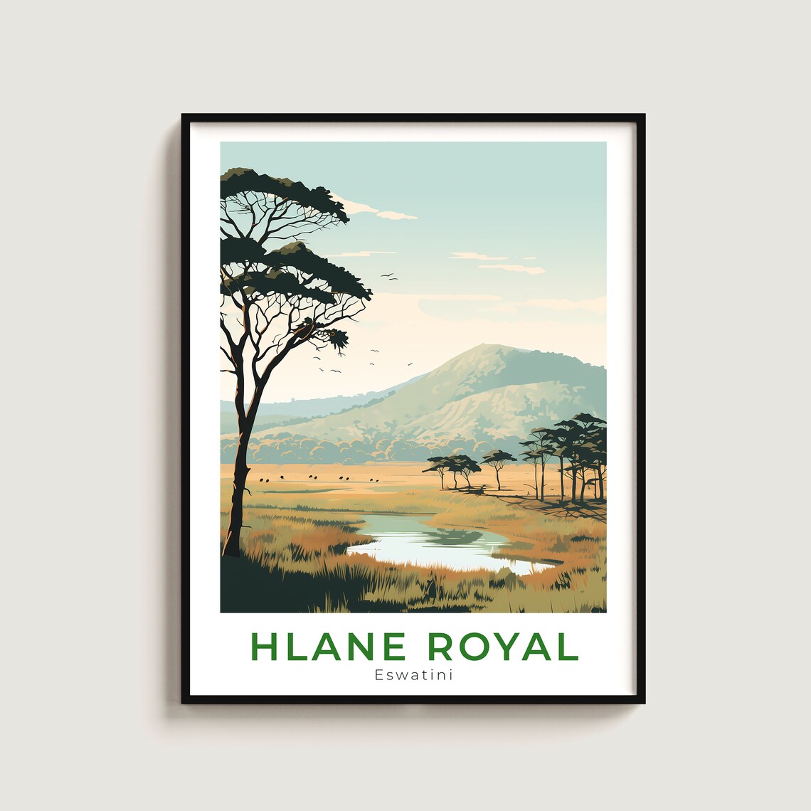 Hlane Royal Eswatini Acacia Savanna Waterhole Safari Travel Poster