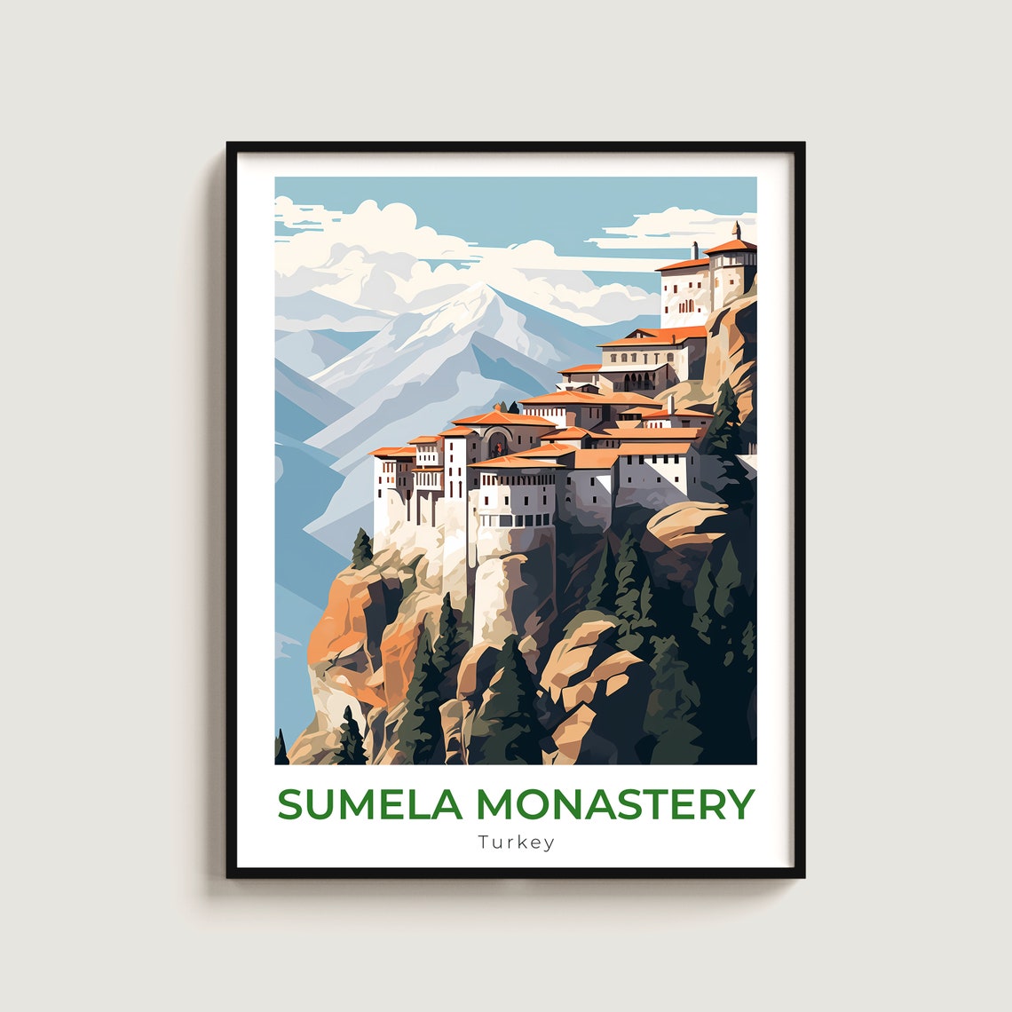 Sumela Monastery Turkey Cliffside Sanctuary Snowy Peak Travel Poster