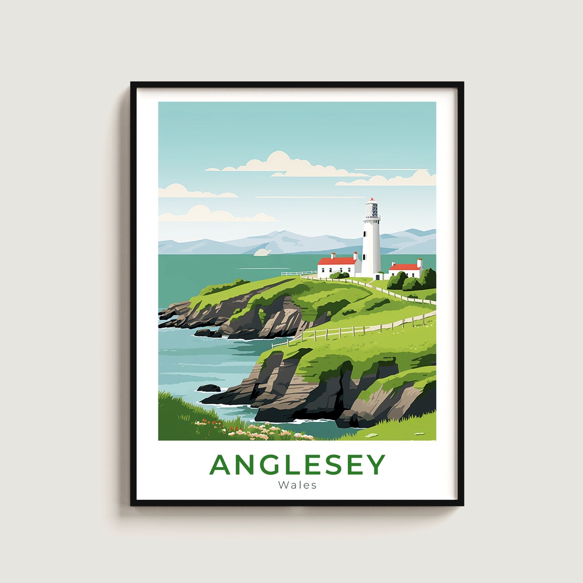 Anglesey Wales Lighthouse Coastal Cliffs Vintage Travel Poster