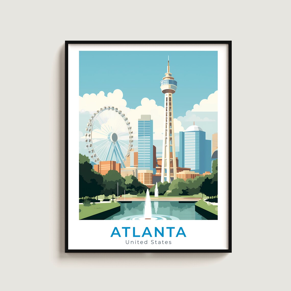 Atlanta Georgia Ferris Wheel Tower Skyline Park Vintage Travel Poster