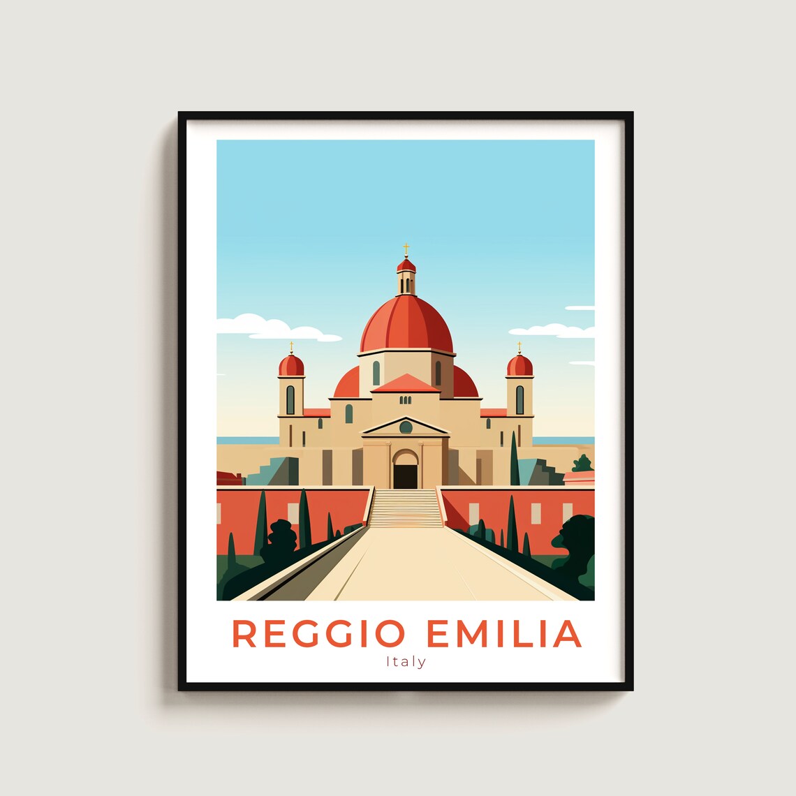 Reggio Emilia Italy Basilica Red Domes Vintage Travel Poster