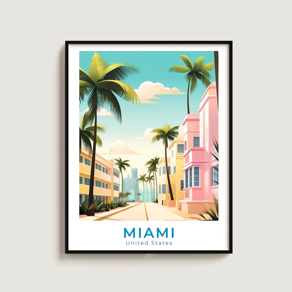 Miami Florida Art Deco Street Palms Pastel Buildings Travel Poster