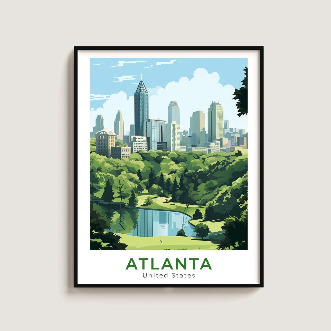 Atlanta Georgia Skyline Over Lush Green Park Lake Nature Wall Art