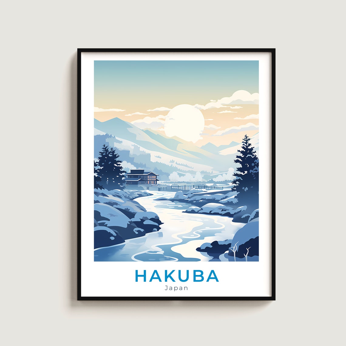 Hakuba Japan Winter River Valley Lodge Snowy Mountain Ski Poster