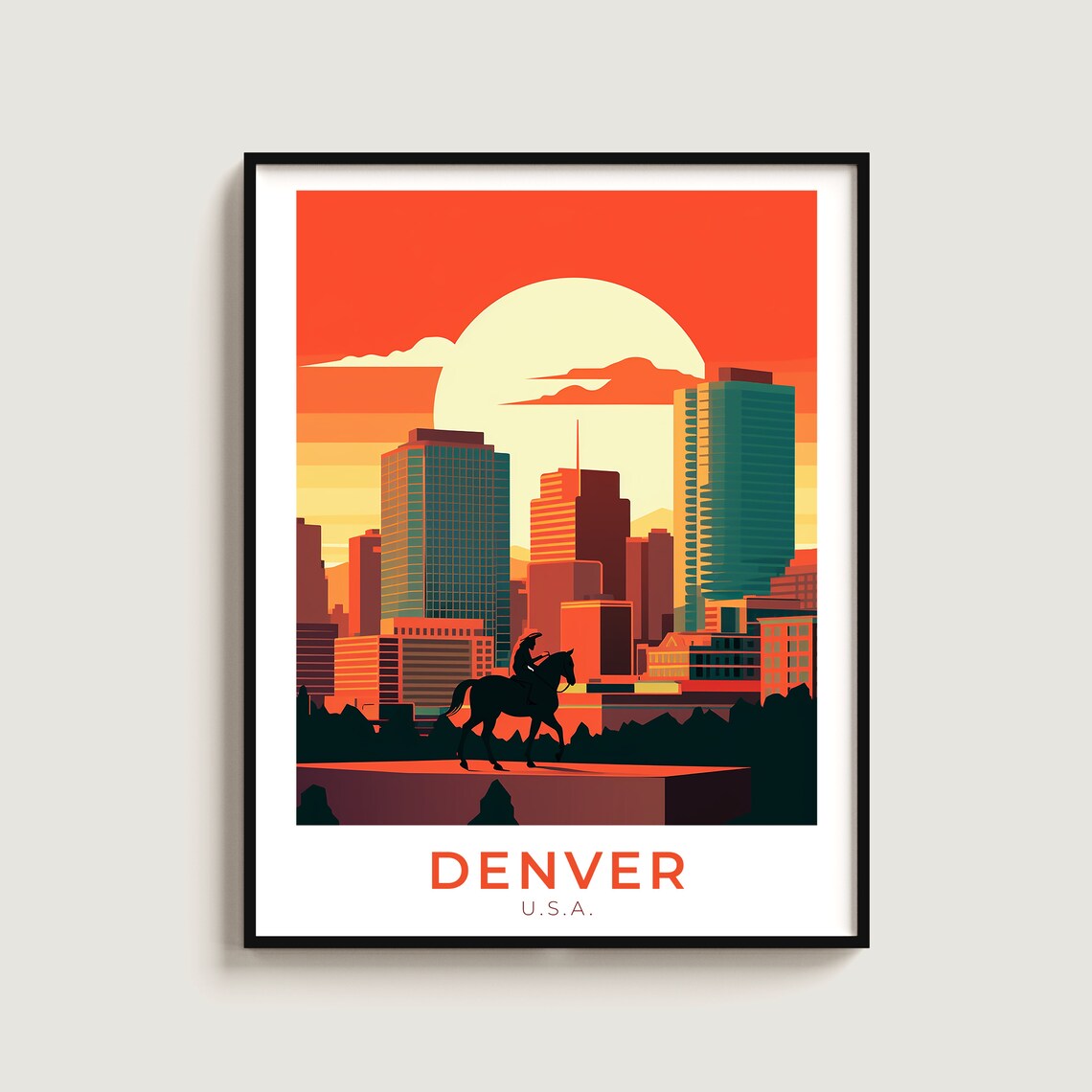 Denver Colorado Skyline Sunset Horseback Rider Western Travel Poster