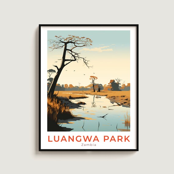 Luangwa Park Zambia River Savanna Sunset Safari Travel Poster