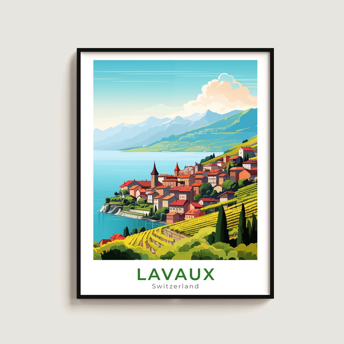 Lavaux Switzerland Vineyard Terraces Lakeside Town Mountains Poster