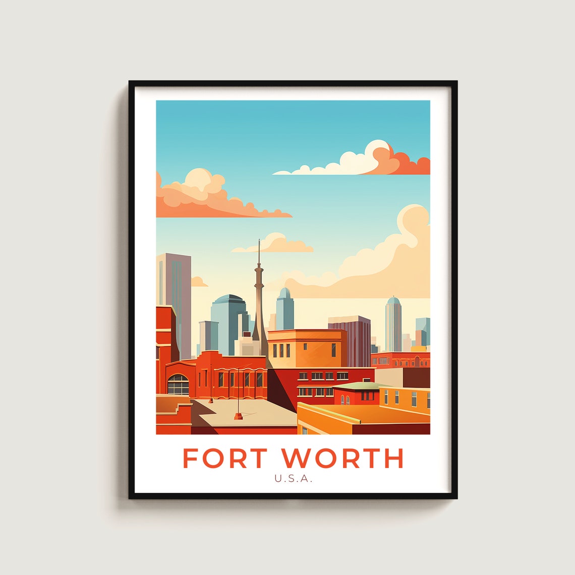 Fort Worth Texas Skyline Brick Rooftops Golden Hour Travel Poster