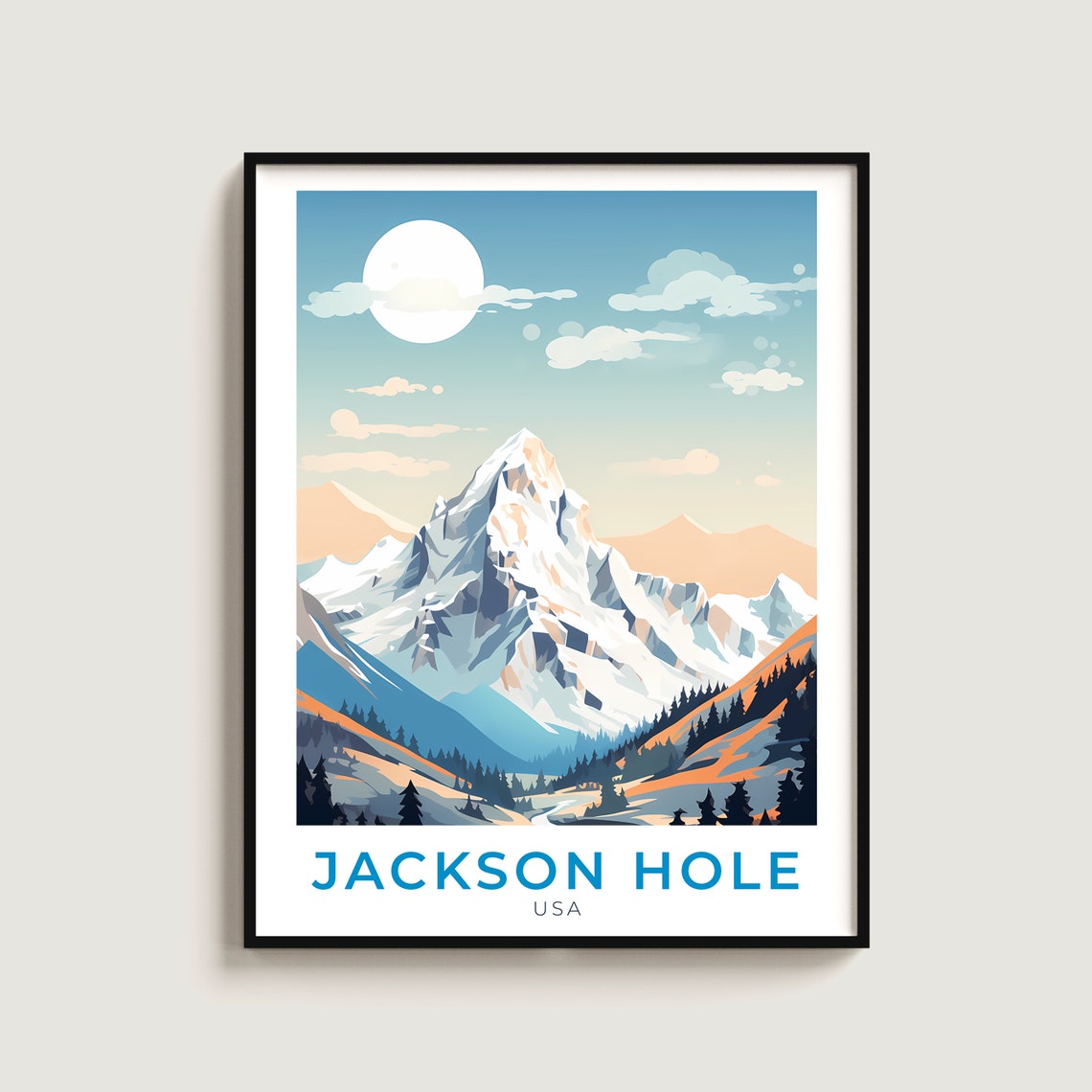 Jackson Hole USA Bold Snowy Peak Big Moon Alpine Mountain Ski Poster