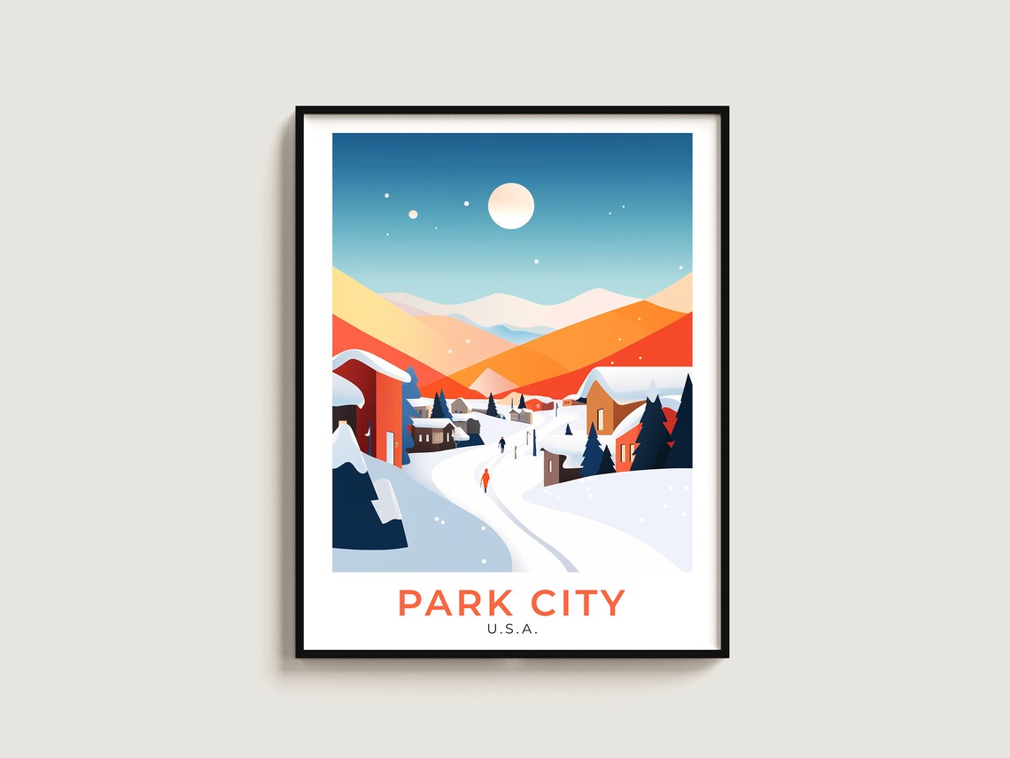 Park City USA Moonlit Snowy Street Orange Mountain Ski Travel Poster