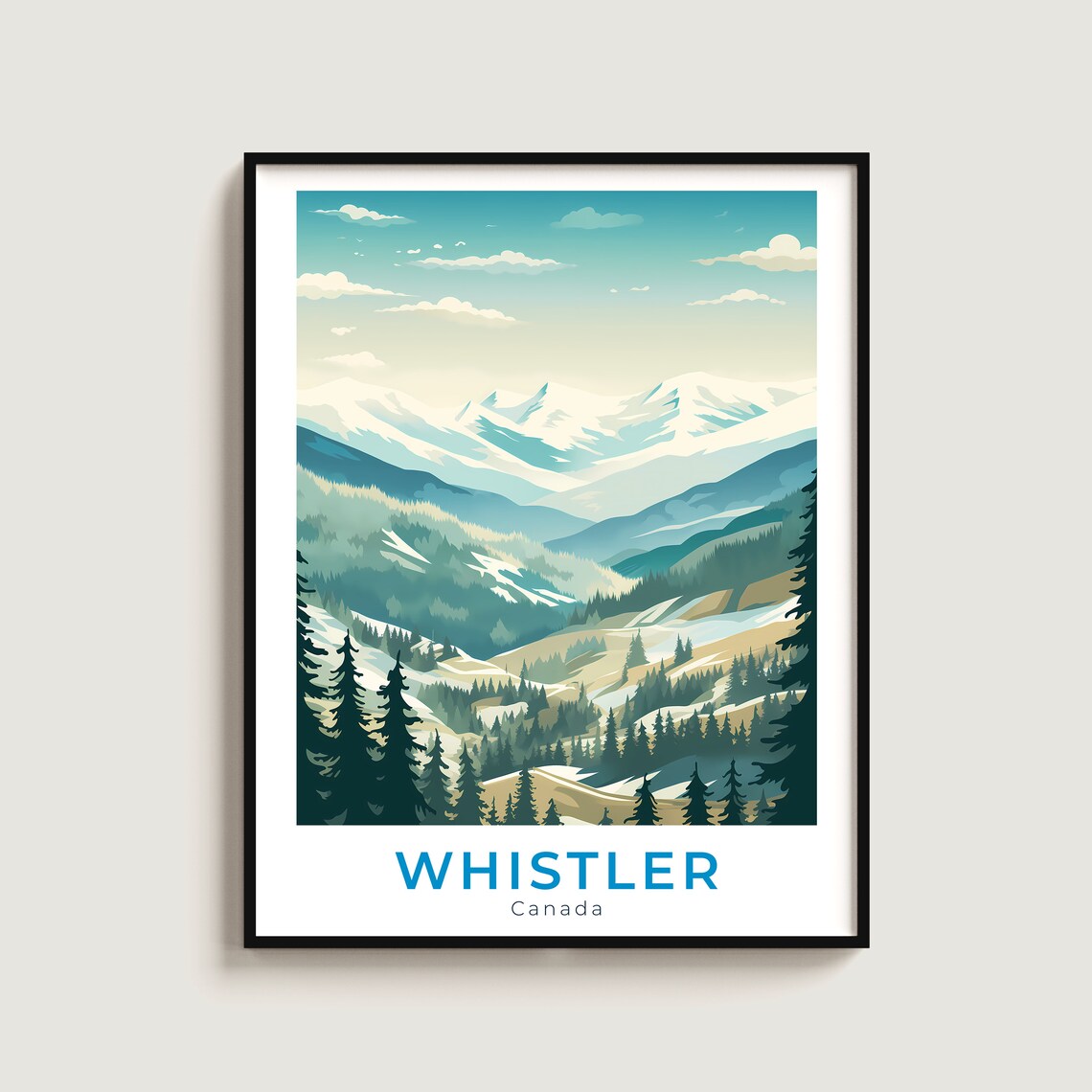 Whistler Canada Green Forested Valley Mountain Peaks Winter Ski Poster