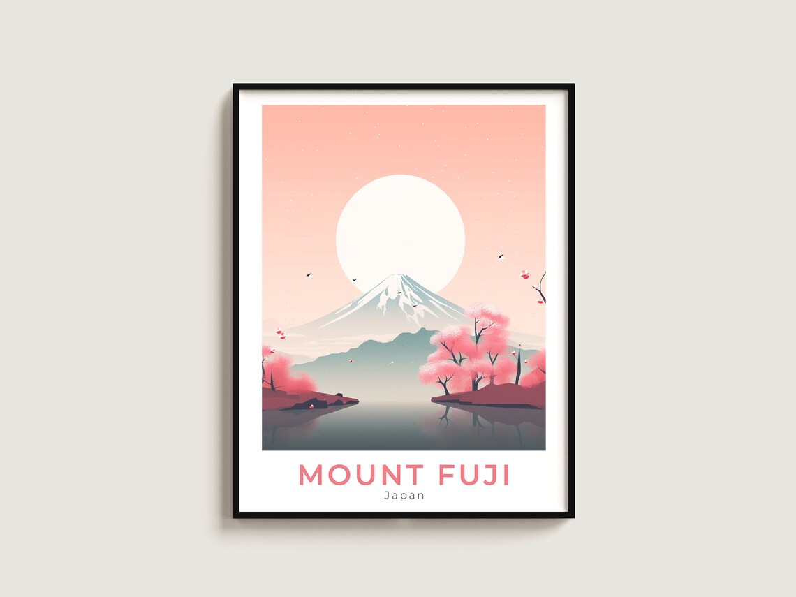 Mount Fuji Japan Cherry Blossom Pink Sunset Travel Art Poster