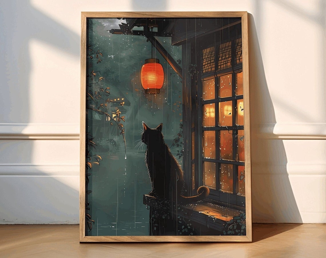 Black Cat Rain Anime Japanese Glowing Lantern Porch Night Poster
