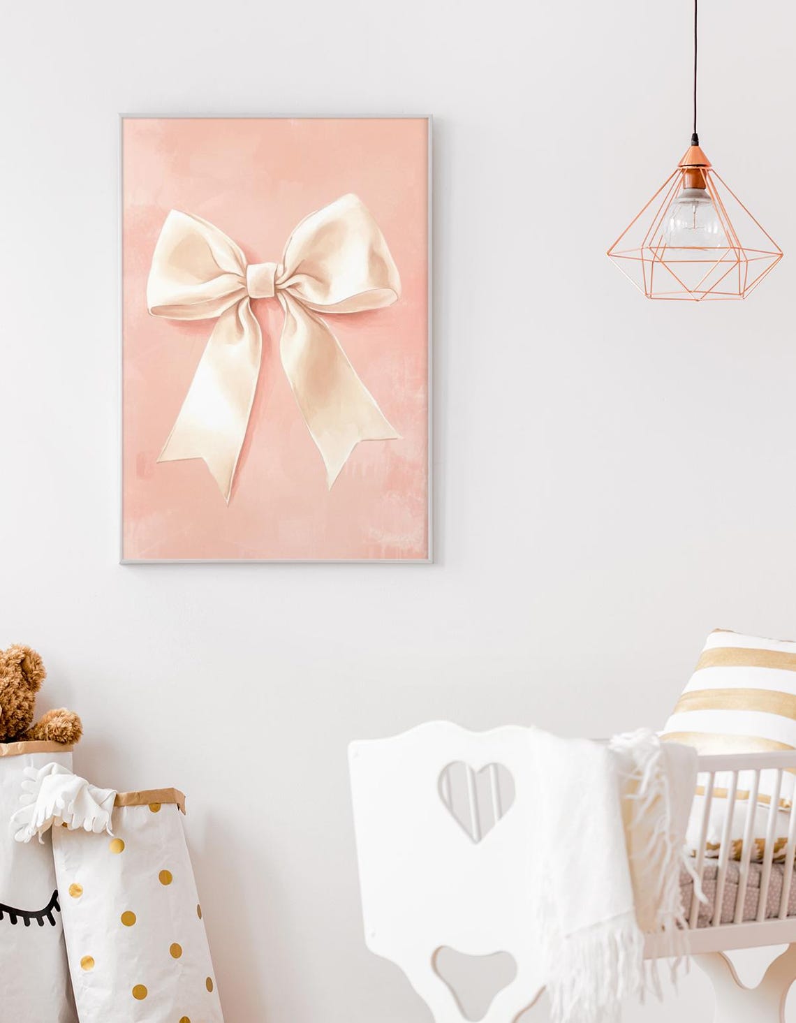 Champagne Satin Bow On Blush Pink Watercolor Nursery Decor Poster - Image 2