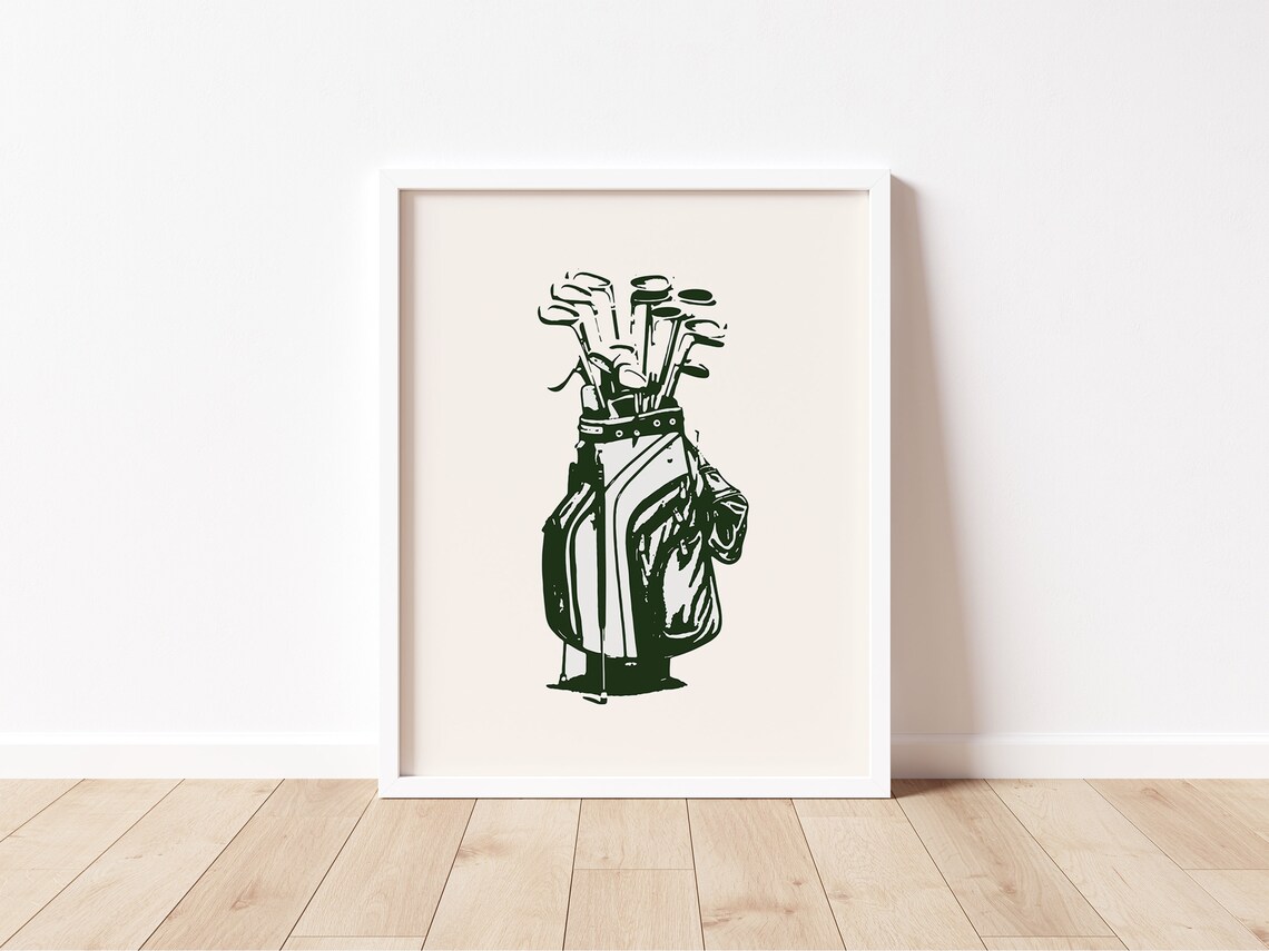 Vintage Golf Bag Green Line Art Retro Golfer Clubhouse Wall Print - Image 2