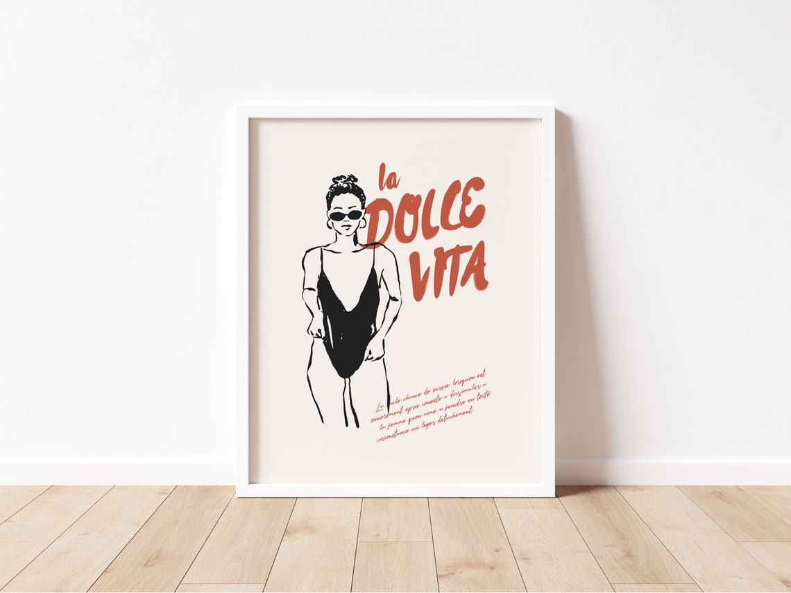 Minimal Beach Illustration Woman Silhouette La Dolce Vita Print Hand Drawn Italian Quote Retro Woman Vintage Poster Girl Room Decor - Image 2