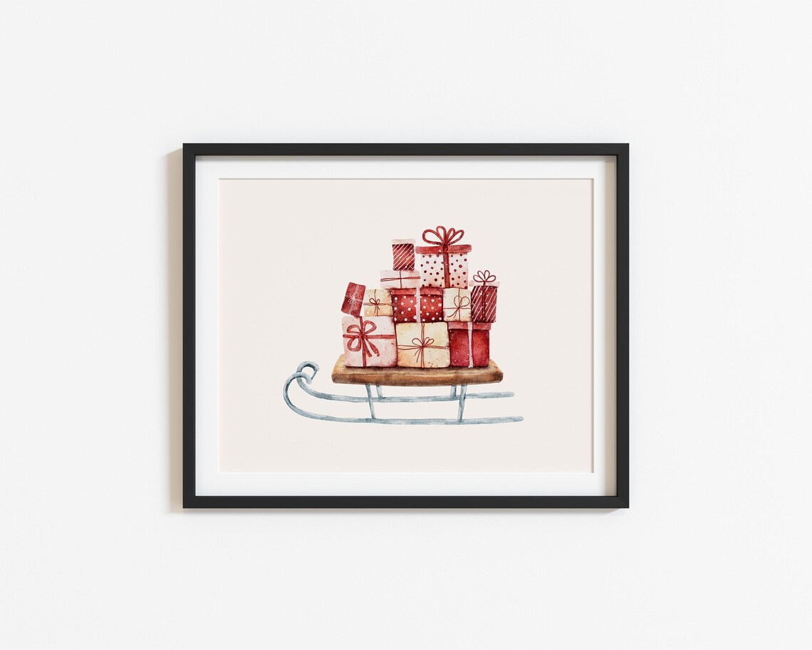 Christmas Sled With Wrapped Gifts Watercolor Holiday Art Poster - Image 2
