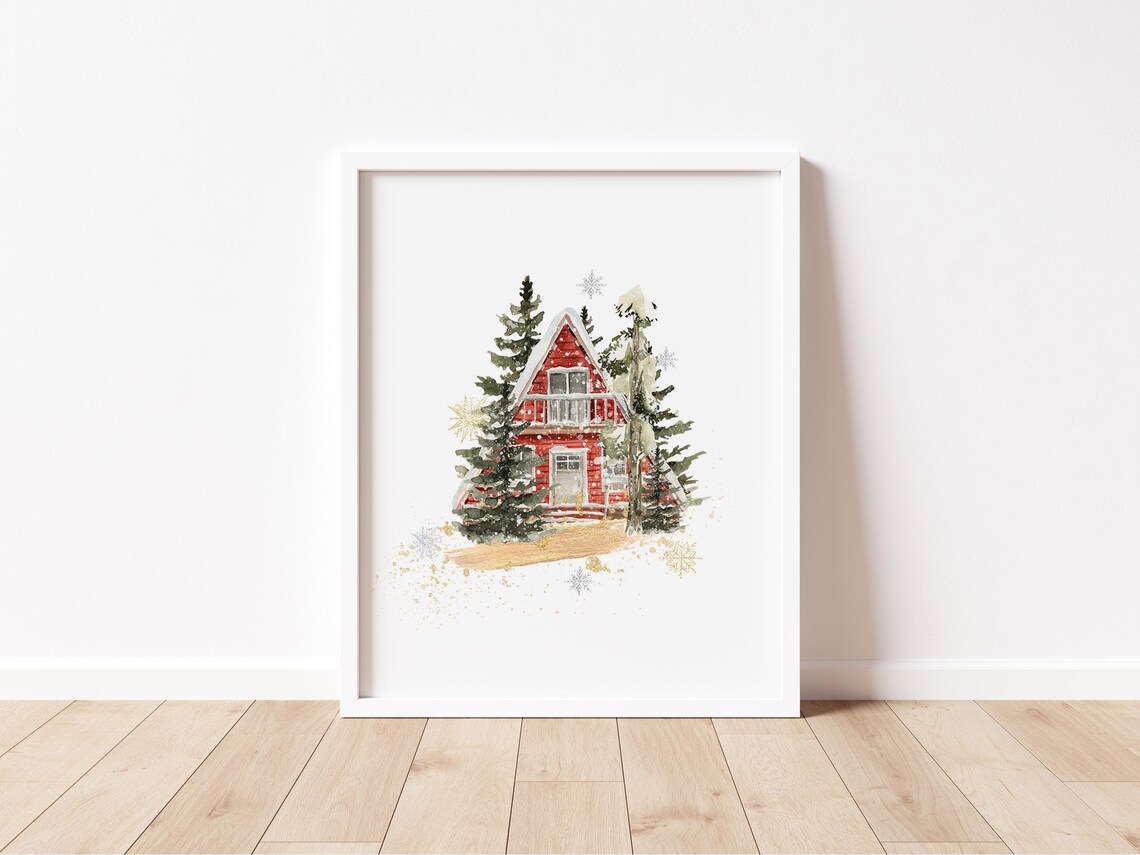 Red Christmas Cabin Winter Holiday Snowy Forest Watercolor Poster - Image 2