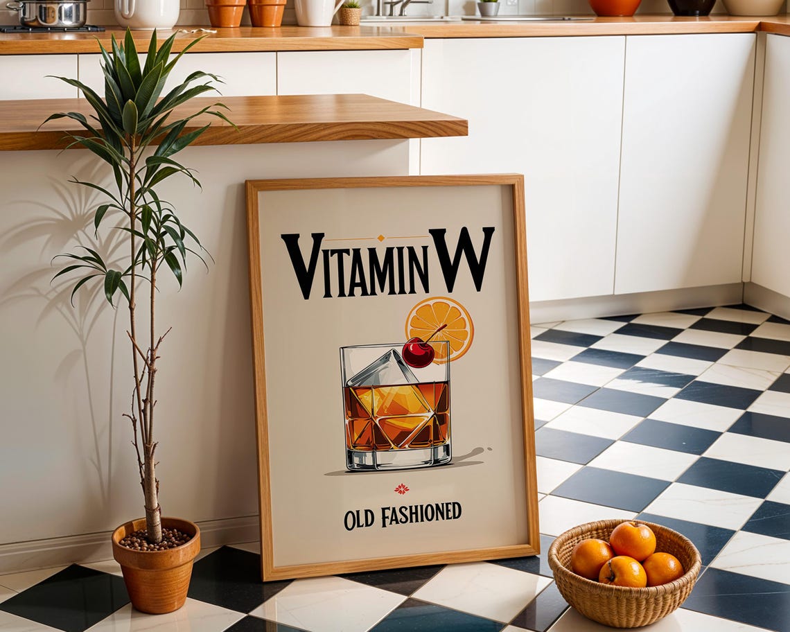 Vitamin W Old Fashioned Whiskey Cocktail Retro Bar Wall Decor Poster