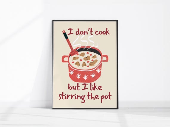 I Dont Cook But Like Stirring The Pot Funny Kitchen Retro Red Casserole Dish Trendy Cooking Poster Modern Wall Art