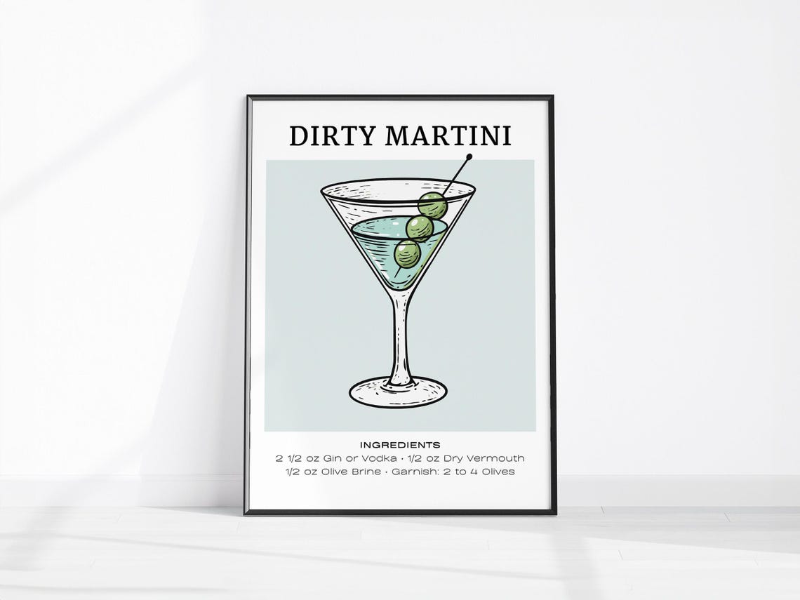 Dirty Martini Cocktail Recipe Ingredients Vintage Bar Cart Poster