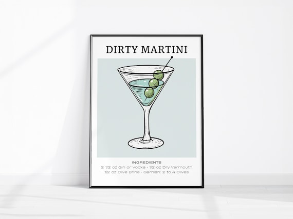 Dirty Martini Cocktail Recipe Ingredients Vintage Bar Cart Poster
