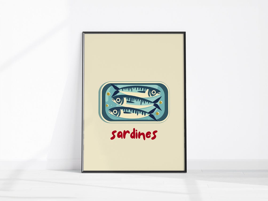 Sardines Tin Retro Fish Illustration Cream Red Kitchen Poster