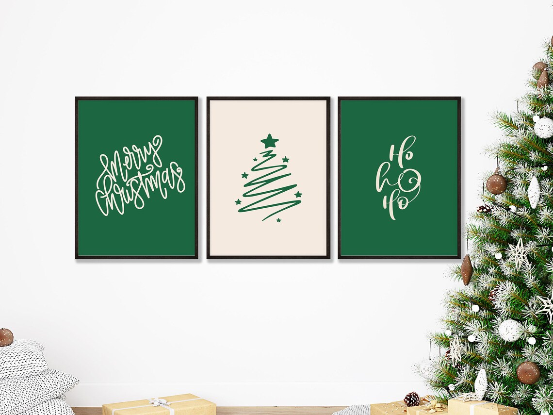 Merry Christmas Green Cream Tree Gallery Wall Holiday Decor Print Set