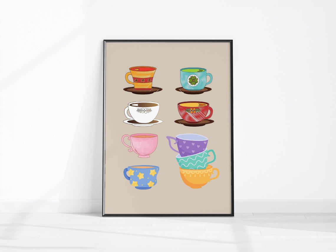 Colorful Illustrated Teacups Kitchen Decor Whimsical Coffee Poster