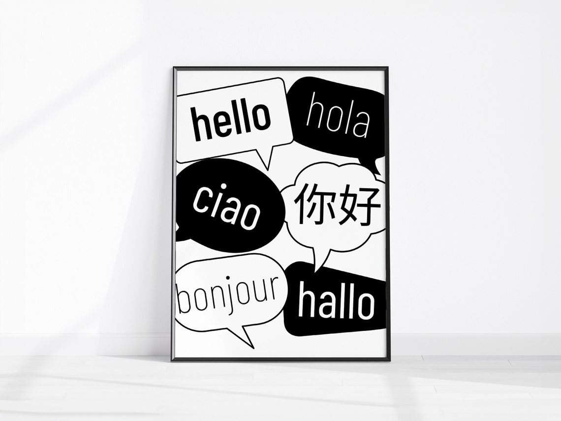Hello in Six Languages Speech Bubbles Typography Wall Poster