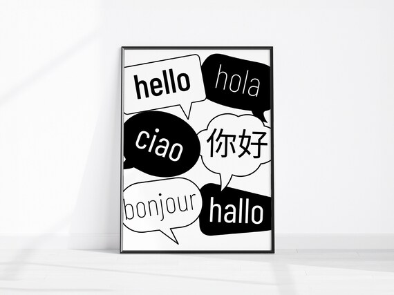 Hello in Six Languages Speech Bubbles Typography Wall Poster