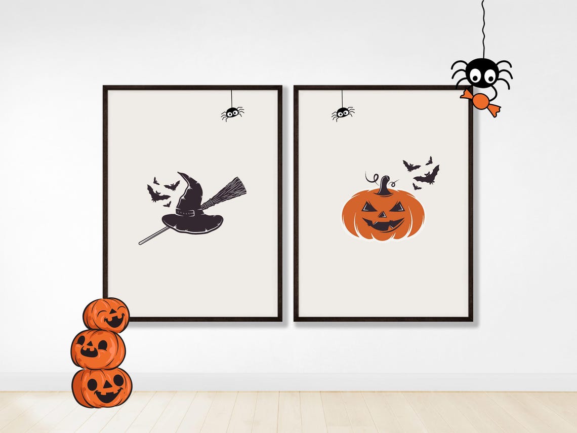 Minimalist Halloween Duo Set Witch Hat Pumpkin and Bats Poster