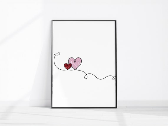 Continuous Line Hearts Wall Art Modern Sketch Poster Heart Print Love Home Decor Bedroom Artwork Nursery