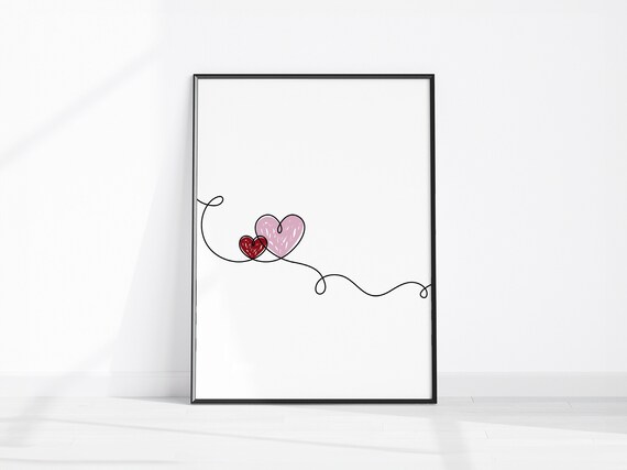 Two Hearts Continuous Line Art Poster Minimalist Love Sketch Decor