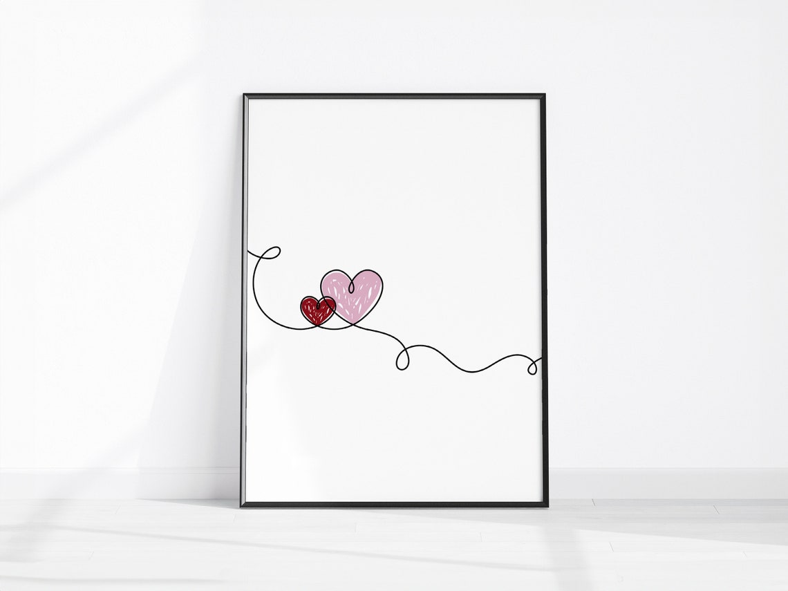 Two Hearts Continuous Line Art Poster Minimalist Love Sketch Decor