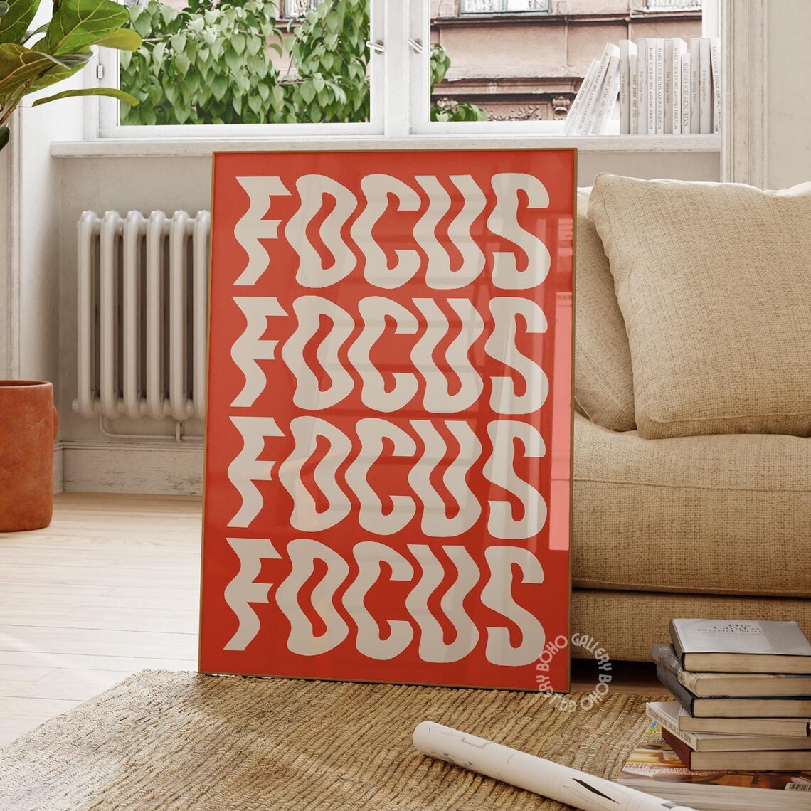 Focus Repeat Orange Groovy Wavy Letters Motivation Wall Poster - Image 2
