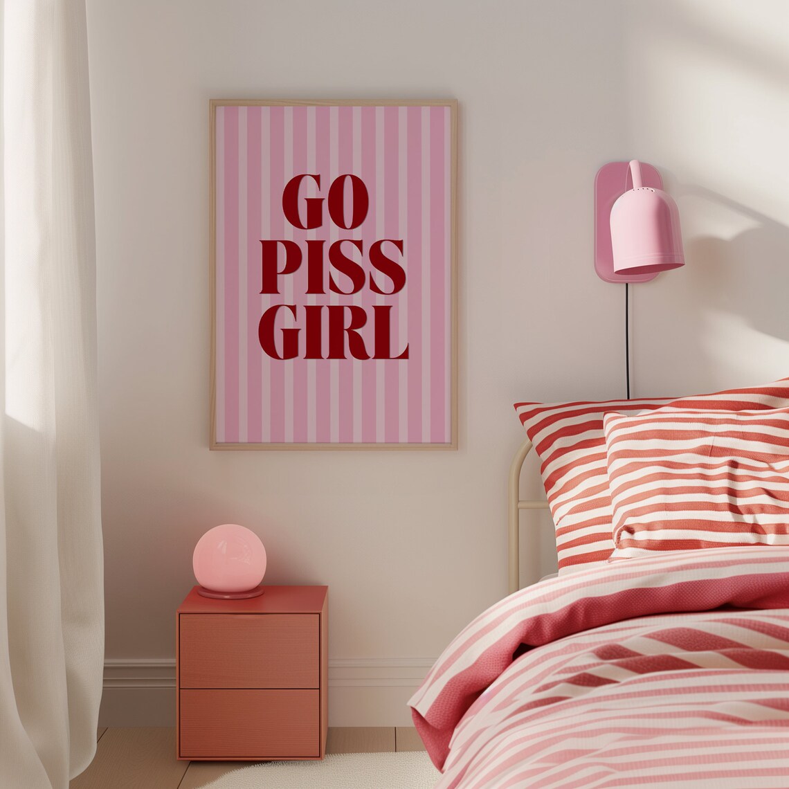Go Piss Girl Funny Red and Pink Striped Bathroom Quote Poster - Image 3