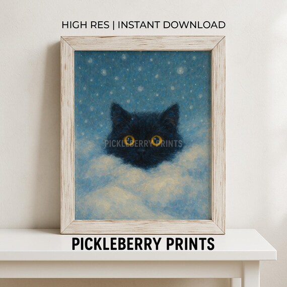 Black Cat In Snowy Night Cute Wide Eyed Winter Animal Poster