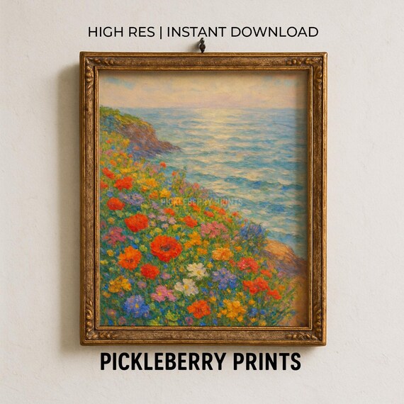Coastal Wildflowers Poppies Ocean Cliff Impressionist Art Poster