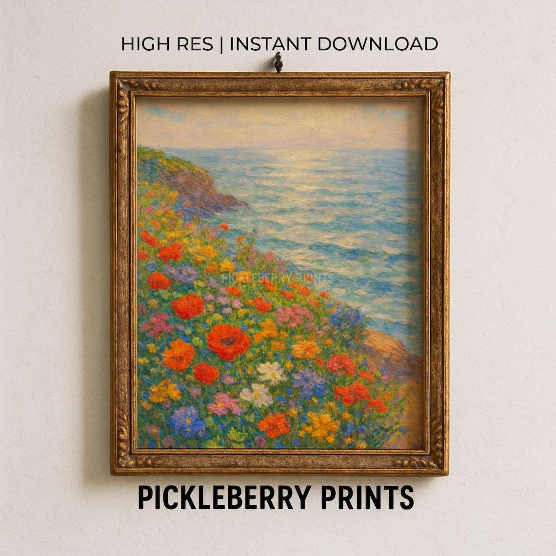 Coastal Wildflowers Poppies Ocean Cliff Impressionist Art Poster