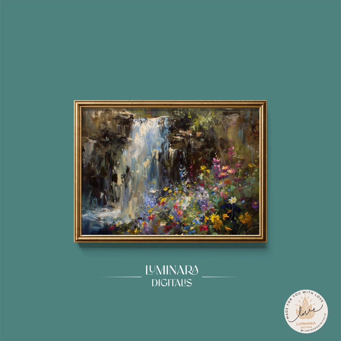 Waterfall Tumbling Over Dark Rocks Into Wildflower Meadow Poster