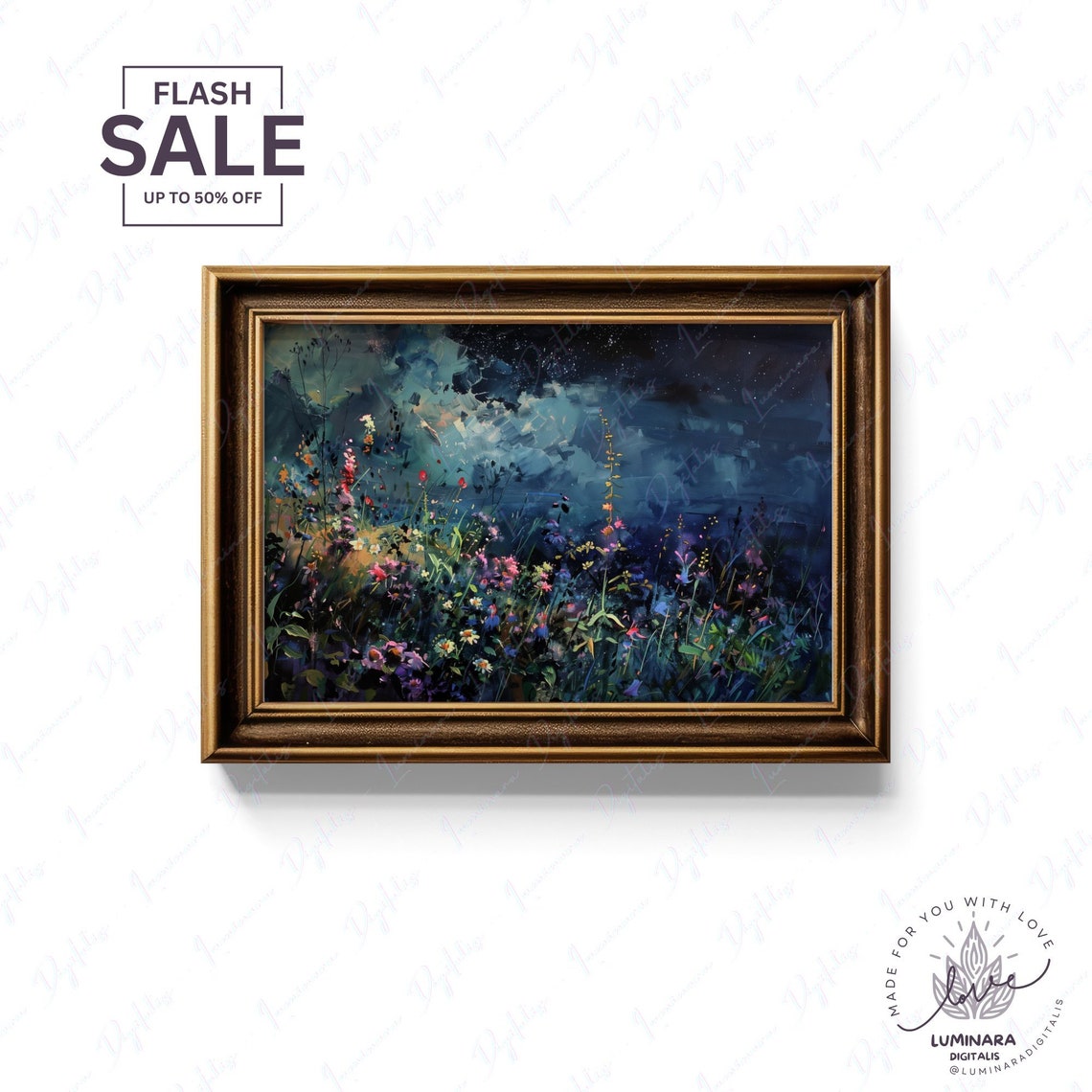 Midnight Garden Wildflowers Under A Starry Cloudy Night Sky Poster - Image 2
