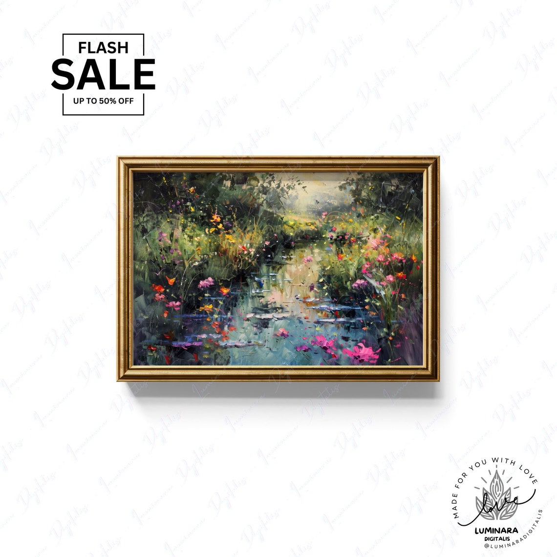 Flower Lined Stream Impressionist Garden Watercolor Art Print - Image 3