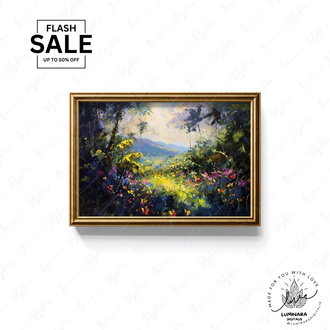 Tropical Floral Jungle With Palm Trees And Mountain View Wall Art - Image 3