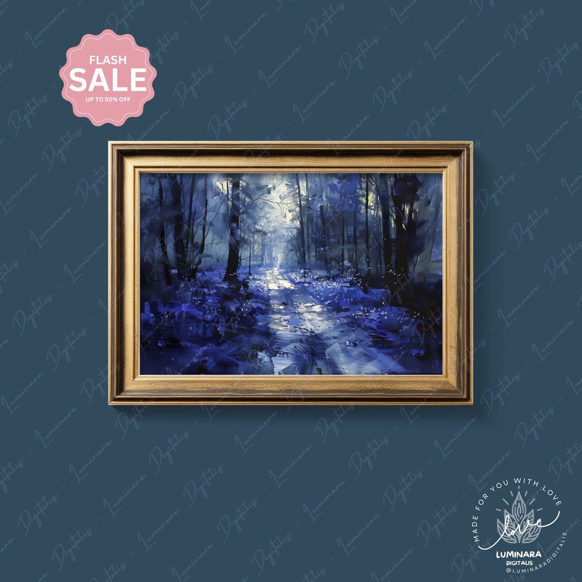 Moonlit Forest Path Glowing Through Blue Night Trees Art Print - Image 4