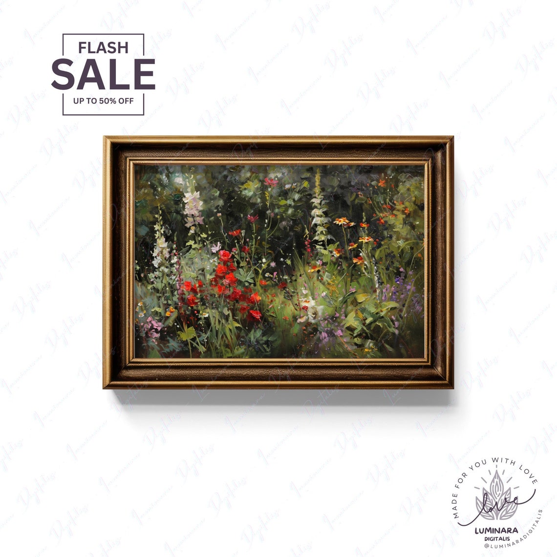 Red Rose Garden With Towering Foxgloves Impressionist Floral Poster - Image 2
