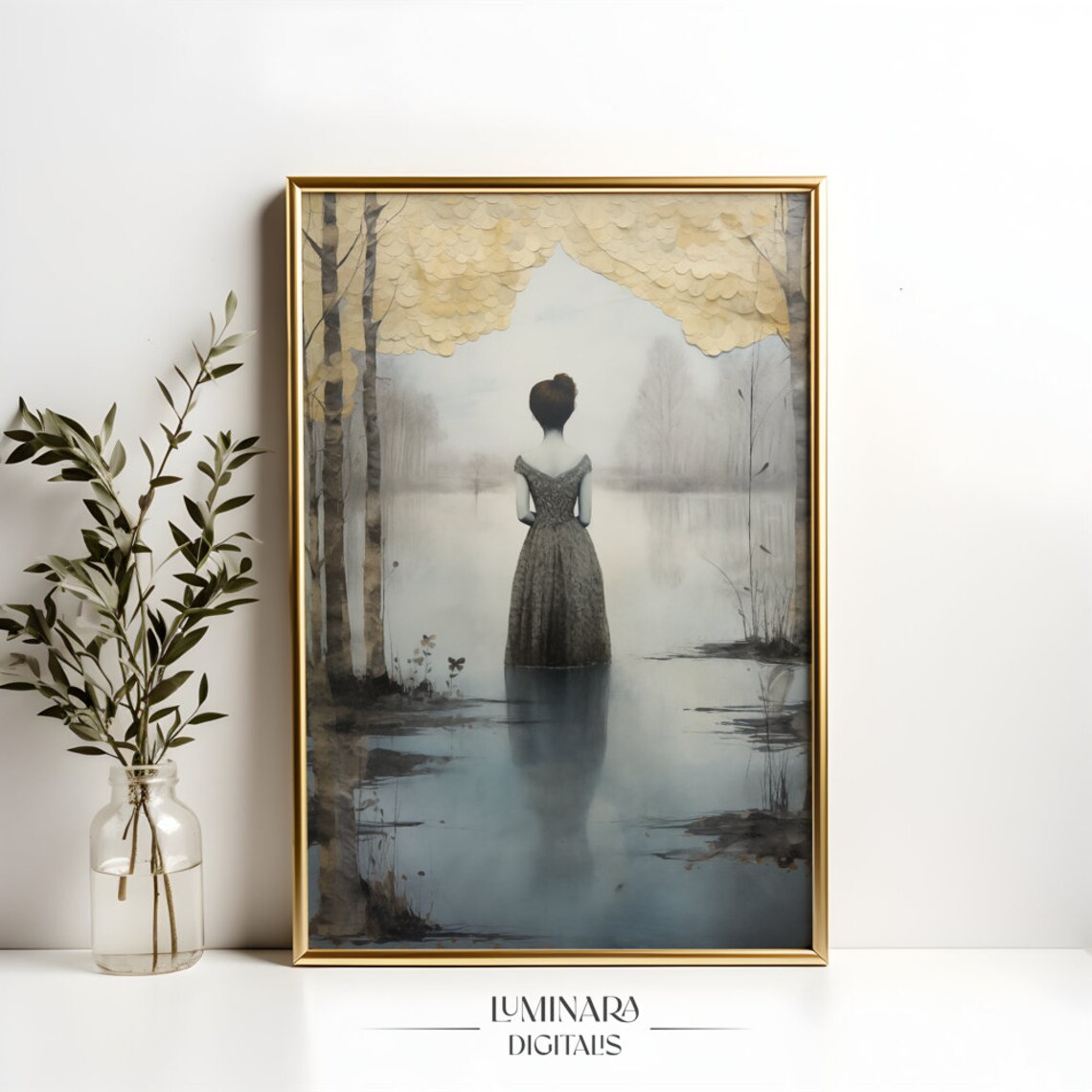 Woman In A Dark Gown Standing In Misty Still Water Art Print - Image 4